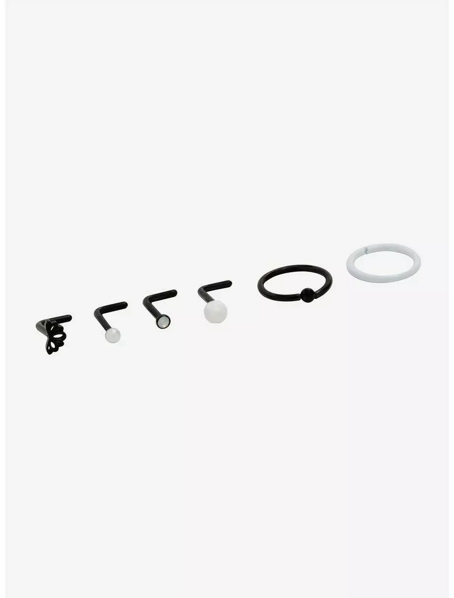 Steel Flower Black & White Nose Stud & Hoop 6 Pack 4 Steel Flower Black & White Nose Stud & Hoop 6 Pack - Image 2