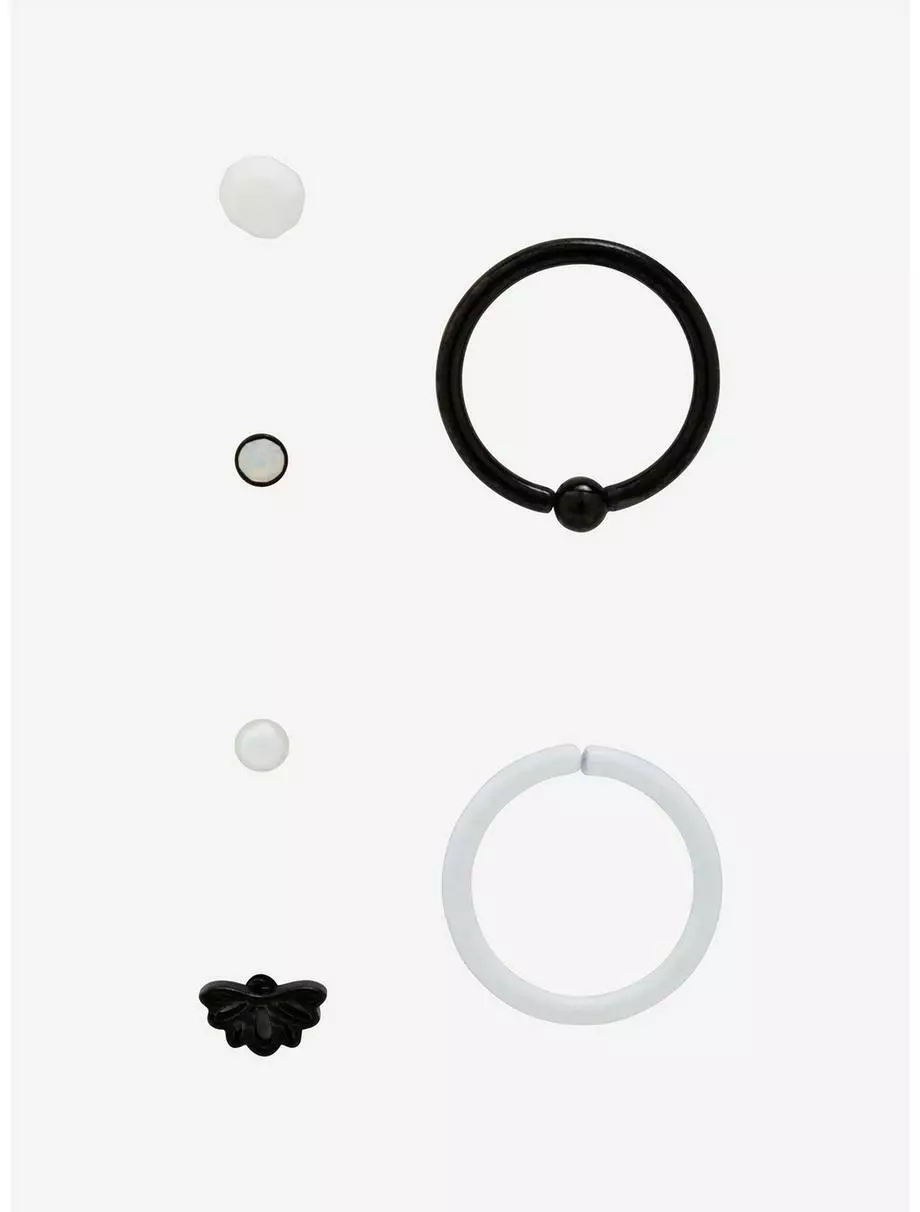 Steel Flower Black & White Nose Stud & Hoop 6 Pack 5 Steel Flower Black & White Nose Stud & Hoop 6 Pack - Image 3