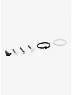 Steel Flower Black & White Nose Stud & Hoop 6 Pack