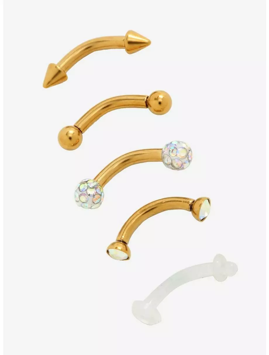 Steel Gold Iridescent CZ Eyebrow Barbell 5 Pack 3 Steel Gold Iridescent CZ Eyebrow Barbell 5 Pack