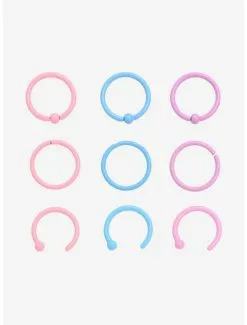 Pastel Pink Purple & Blue Seamless Captive & Open Nose Hoop 9 Pack