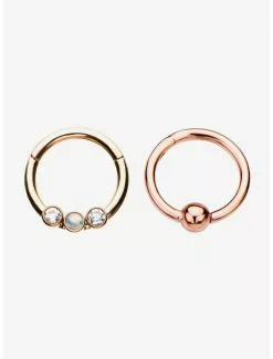 Rose Gold Hinged Segment Rings With Synthetic Opal And Clear Gem And Plain Hinged Segment Ring Set