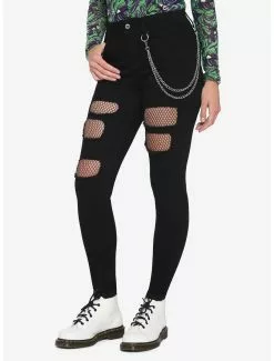 Black Fishnet Destructed Chain Jeans
