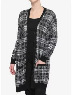 Black & White Plaid Lightweight Girls Oversized Cardigan