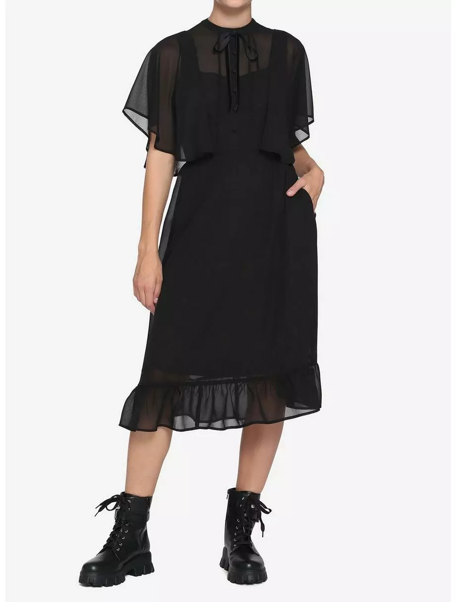Black Sheer Capelet Midi Dress 3 Black Sheer Capelet Midi Dress