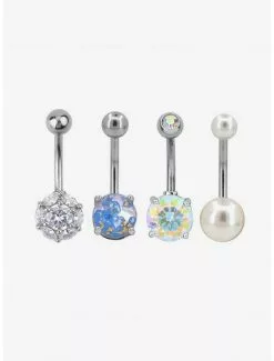14G Steel Pearl & CZ Gem Navel Barbell 4 Pack