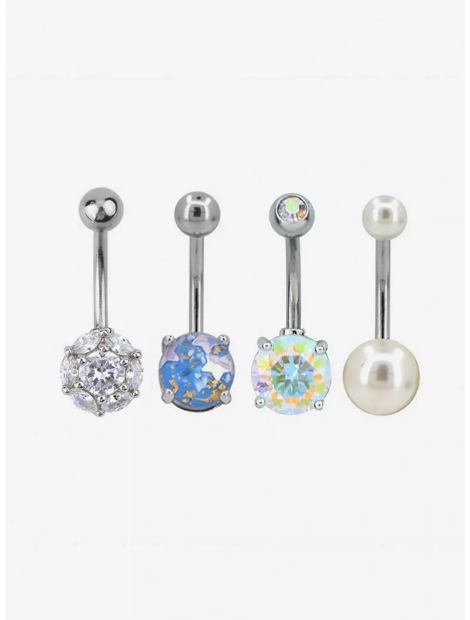 14G Steel Pearl & CZ Gem Navel Barbell 4 Pack 3 14G Steel Pearl & CZ Gem Navel Barbell 4 Pack