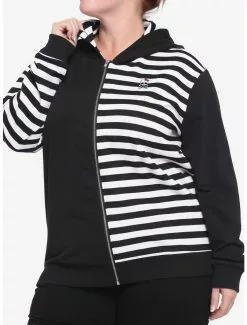 Black & White Stripe Split Girls Hoodie Plus Size