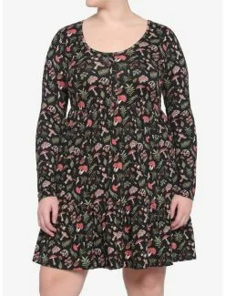 Woodland Mushroom Tiered Long-Sleeve Dress Plus Size