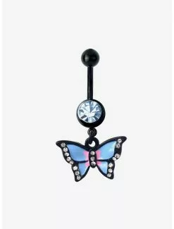 14G Steel Black Ombre Butterfly Dangle Navel Barbell