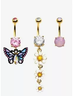 14G Gold Steel Butterfly Daisy Navel Barbell 3 Pack