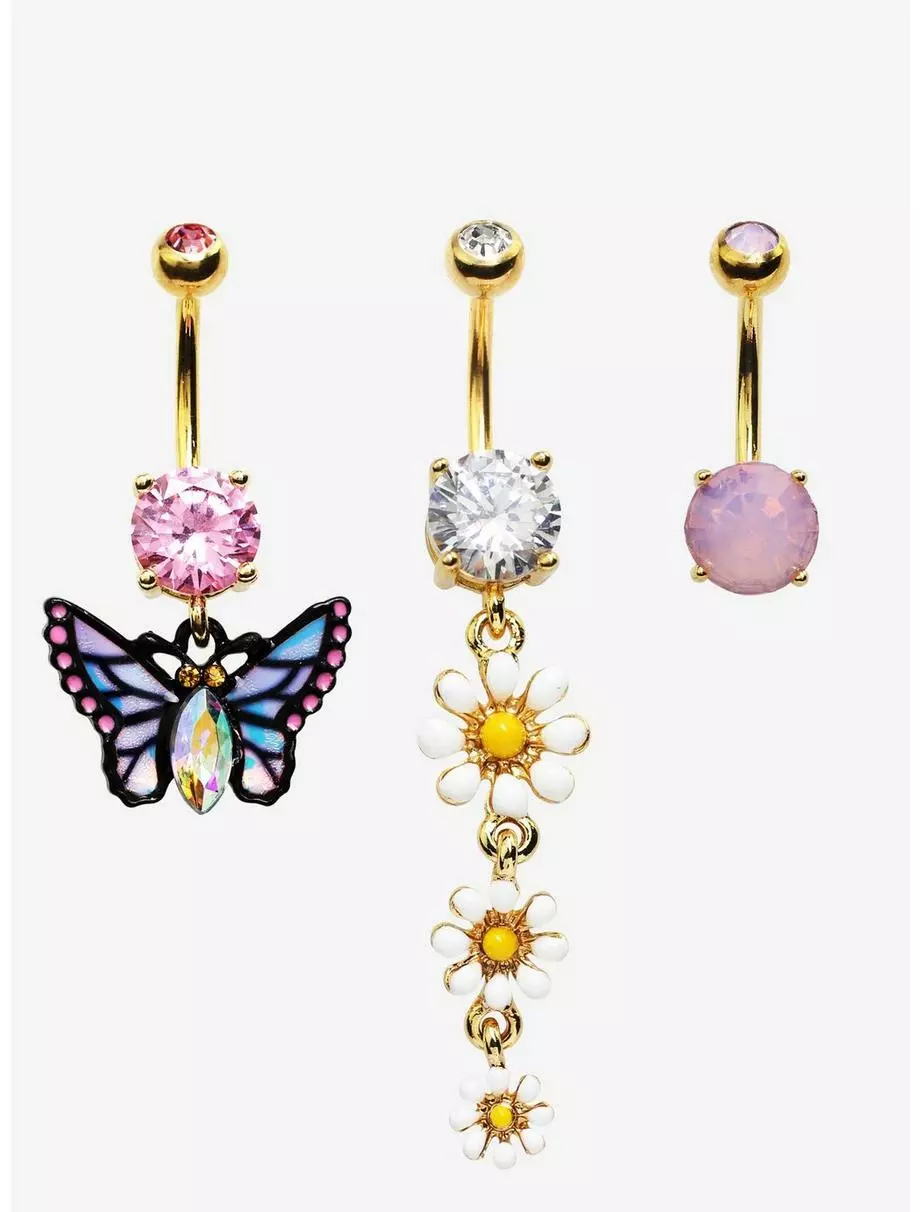 14G Gold Steel Butterfly Daisy Navel Barbell 3 Pack 3 14G Gold Steel Butterfly Daisy Navel Barbell 3 Pack