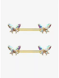 14G Steel Sparkly Butterfly Nipple Barbell 2 Pack