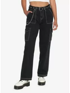 Black Cargo Side Chain Carpenter Pants With Belt