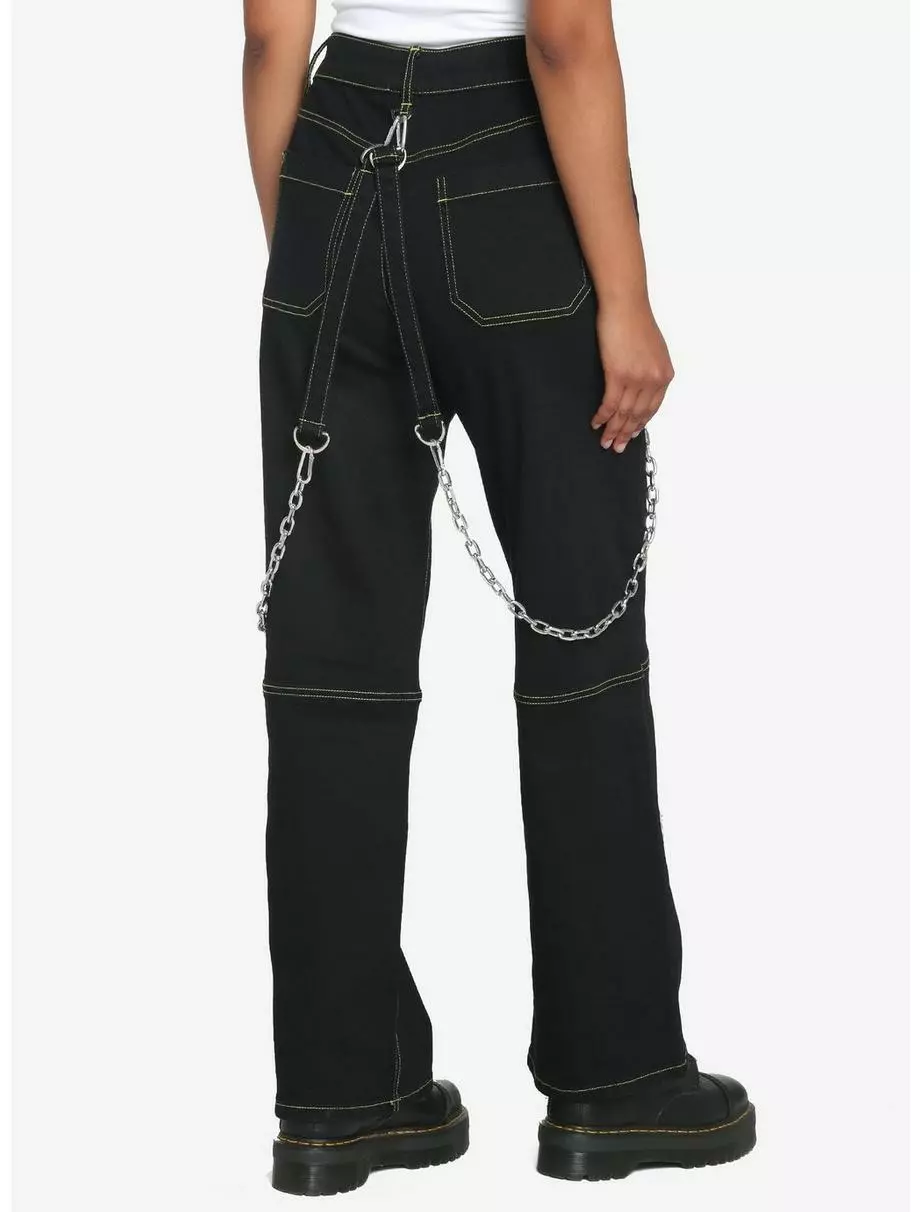 Black & Green Contrast Stitch Carpenter Pants With Detachable Chain 4 Black & Green Contrast Stitch Carpenter Pants With Detachable Chain - Image 2