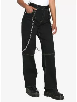 Black & Green Contrast Stitch Carpenter Pants With Detachable Chain