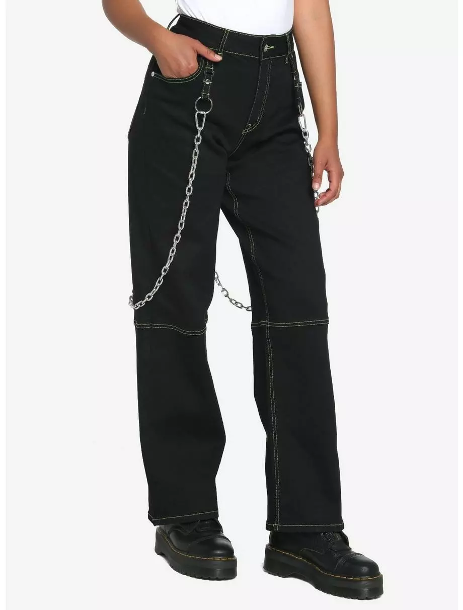 Black & Green Contrast Stitch Carpenter Pants With Detachable Chain 3 Black & Green Contrast Stitch Carpenter Pants With Detachable Chain
