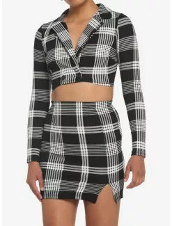 Black & White Plaid Crop Blazer & Skirt Set