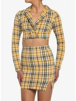 Yellow Plaid Crop Blazer & Skirt Set