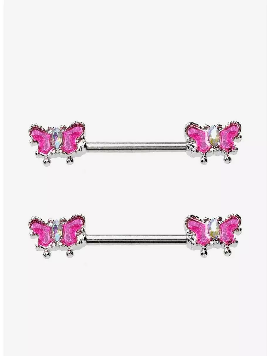 14G Steel Pink Butterfly Nipple Barbell 2 Pack 3 14G Steel Pink Butterfly Nipple Barbell 2 Pack