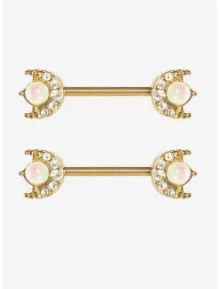Steel Gold Opal Moon Nipple Barbell 2 Pack