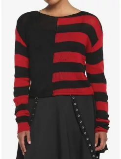 SOCIALCOLLISION Black & Red Stripe Split Girls Crop Sweater