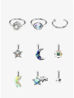 Steel Silver Celestial Nose Stud & Hoop 9 Pack