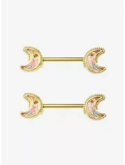 14G Steel Gold Floral Moon Nipple Barbell 2 Pack