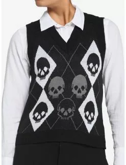 SOCIALCOLLISION Black Skull Argyle Girls Sweater Vest