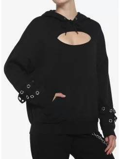 SOCIALCOLLISION Black Cutout Grommet Girls Hoodie