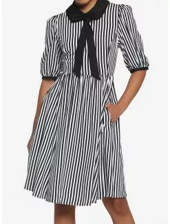 THORN&FABLE Black & White Stripe Bow Retro Dress