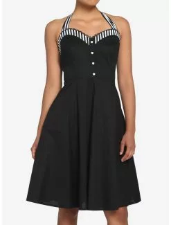 THORN&FABLE Black & White Stripe Retro Halter Dress