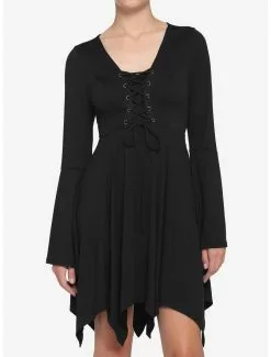 Black Lace-Up Hanky Hem Dress