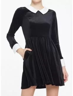 Black Velvet Cuffs & Collar Long-Sleeve Dress