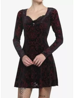 COSMICAURA Velvet Damask Long-Sleeve Dress
