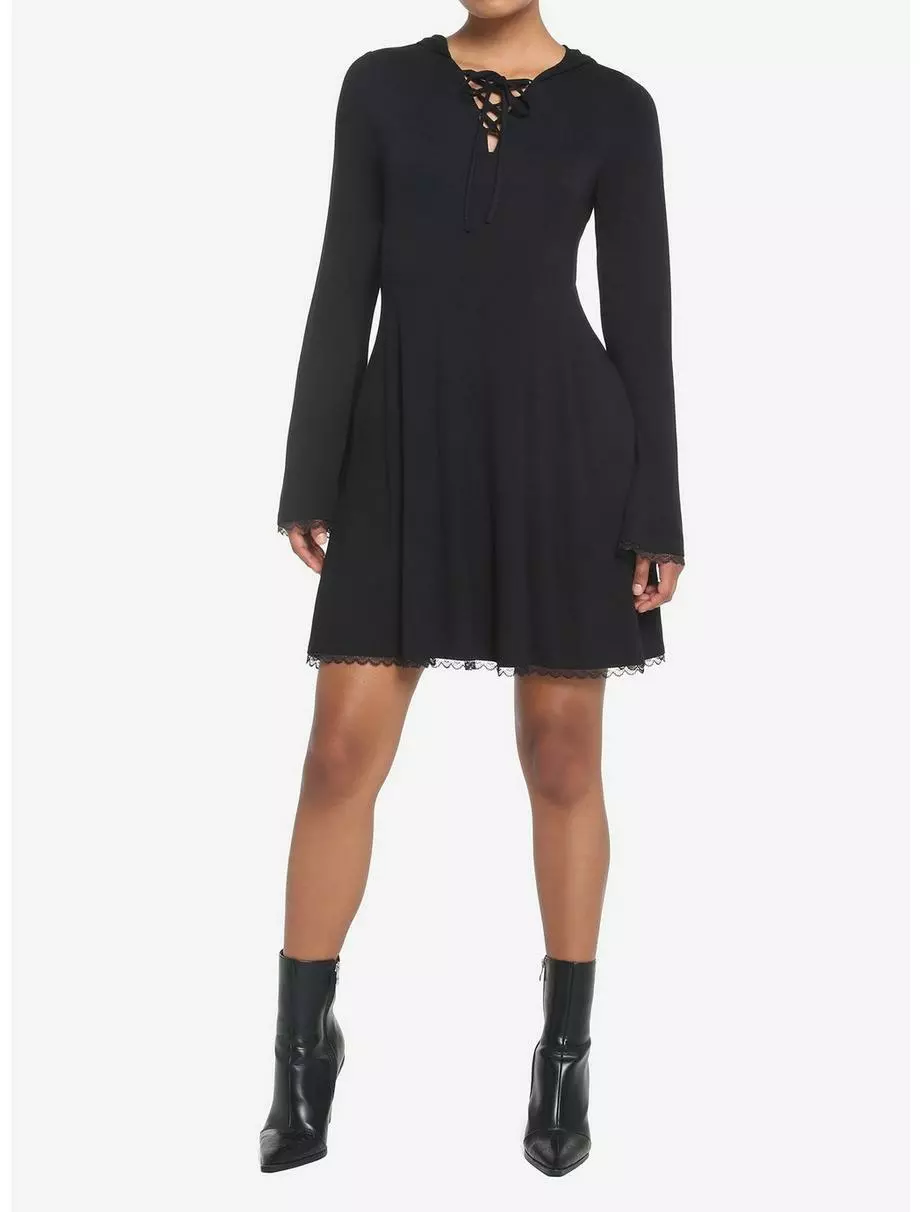 COSMICAURA Black Lace-Up Front Hooded Dress 4 COSMICAURA Black Lace-Up Front Hooded Dress - Image 2