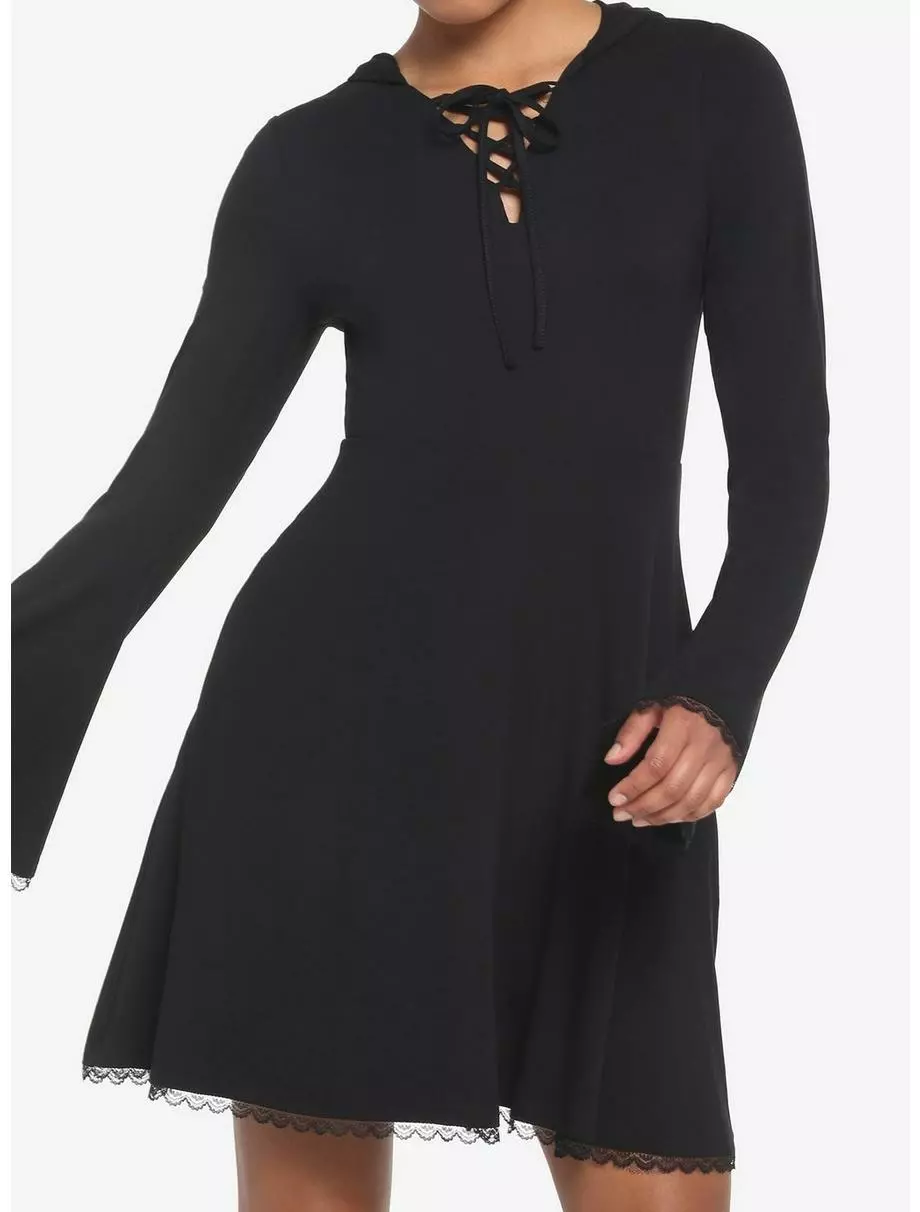 COSMICAURA Black Lace-Up Front Hooded Dress 3 COSMICAURA Black Lace-Up Front Hooded Dress