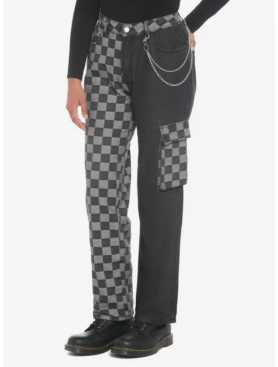 Black Checkered Split Straight Leg Jeans 3 Black Checkered Split Straight Leg Jeans