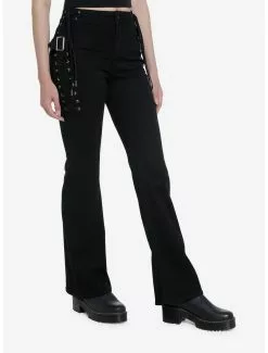 Black Lace-Up Flare Denim Pants