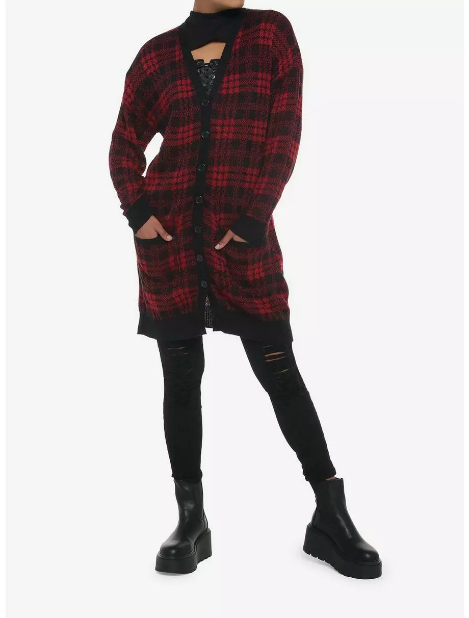SOCIALCOLLISION Red & Black Plaid Oversized Girls Cardigan 4 SOCIALCOLLISION Red & Black Plaid Oversized Girls Cardigan - Image 2
