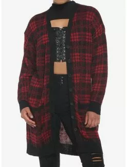 SOCIALCOLLISION Red & Black Plaid Oversized Girls Cardigan