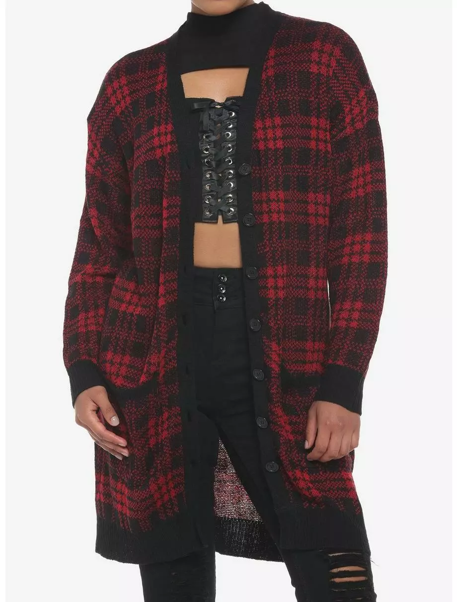 SOCIALCOLLISION Red & Black Plaid Oversized Girls Cardigan 3 SOCIALCOLLISION Red & Black Plaid Oversized Girls Cardigan