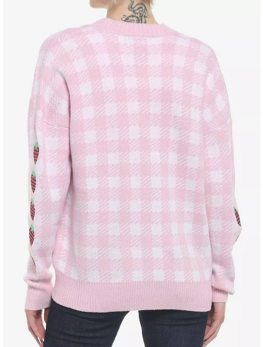 SWEETSOCIETY Pink Gingham Strawberry Heart Girls Oversized Cardigan 5 SWEETSOCIETY Pink Gingham Strawberry Heart Girls Oversized Cardigan - Image 3