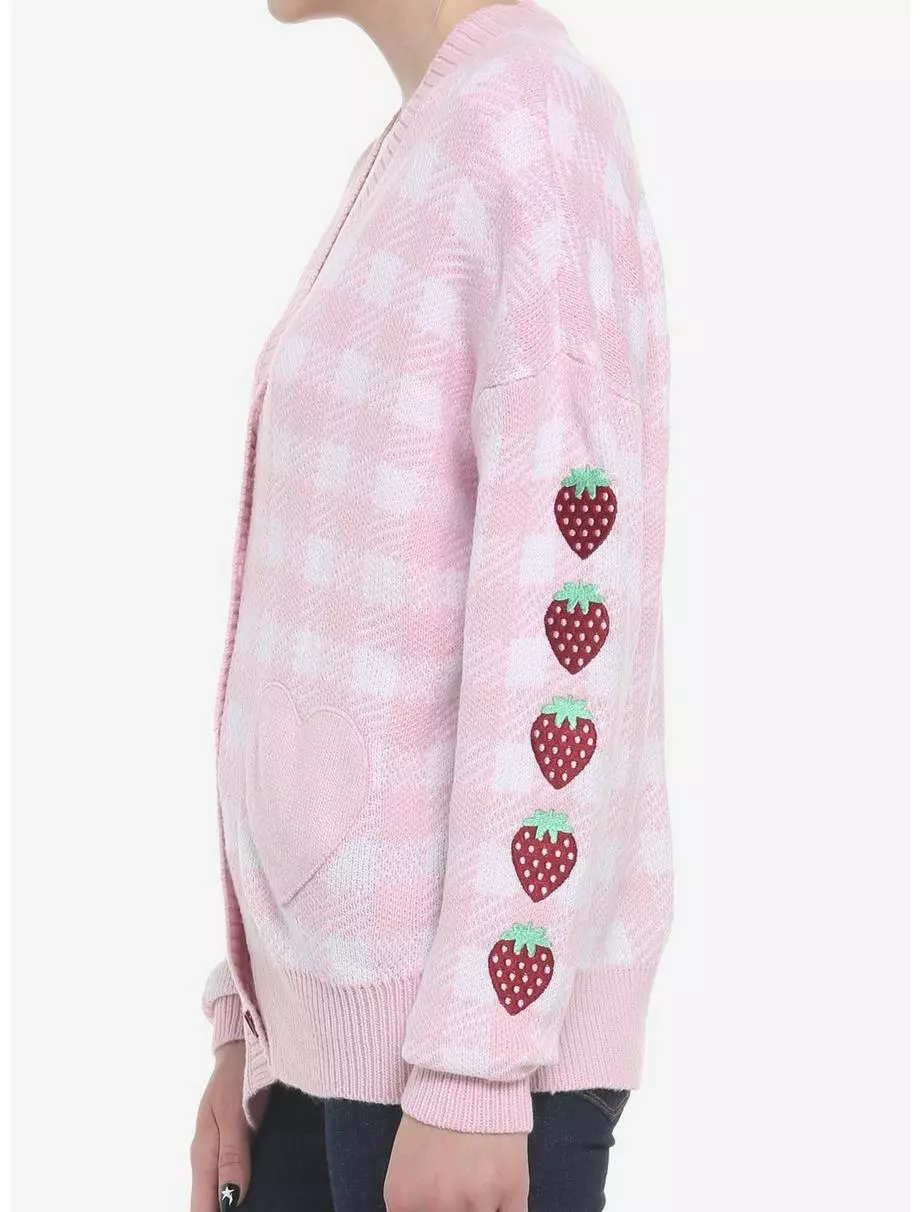 SWEETSOCIETY Pink Gingham Strawberry Heart Girls Oversized Cardigan 6 SWEETSOCIETY Pink Gingham Strawberry Heart Girls Oversized Cardigan - Image 4