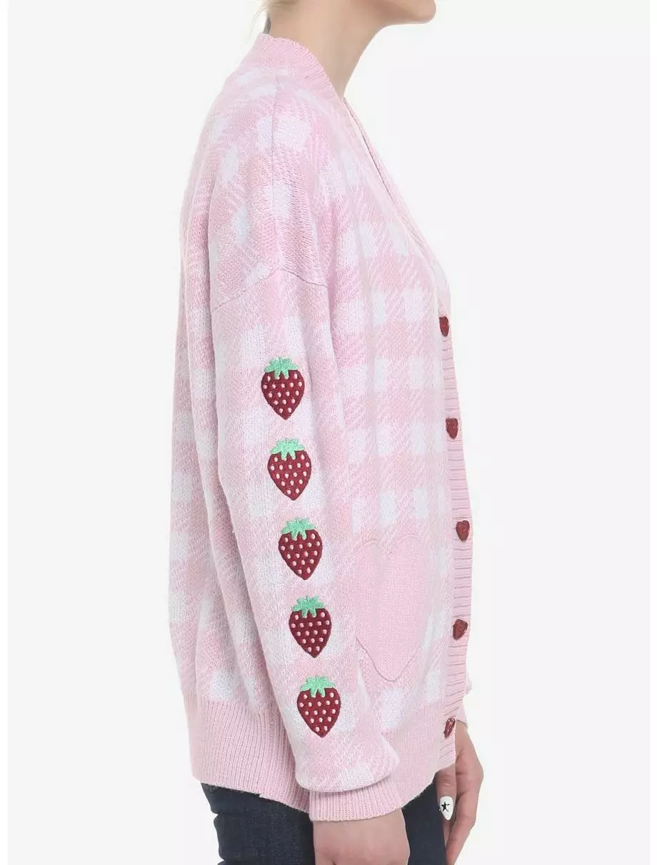 SWEETSOCIETY Pink Gingham Strawberry Heart Girls Oversized Cardigan 7 SWEETSOCIETY Pink Gingham Strawberry Heart Girls Oversized Cardigan - Image 5