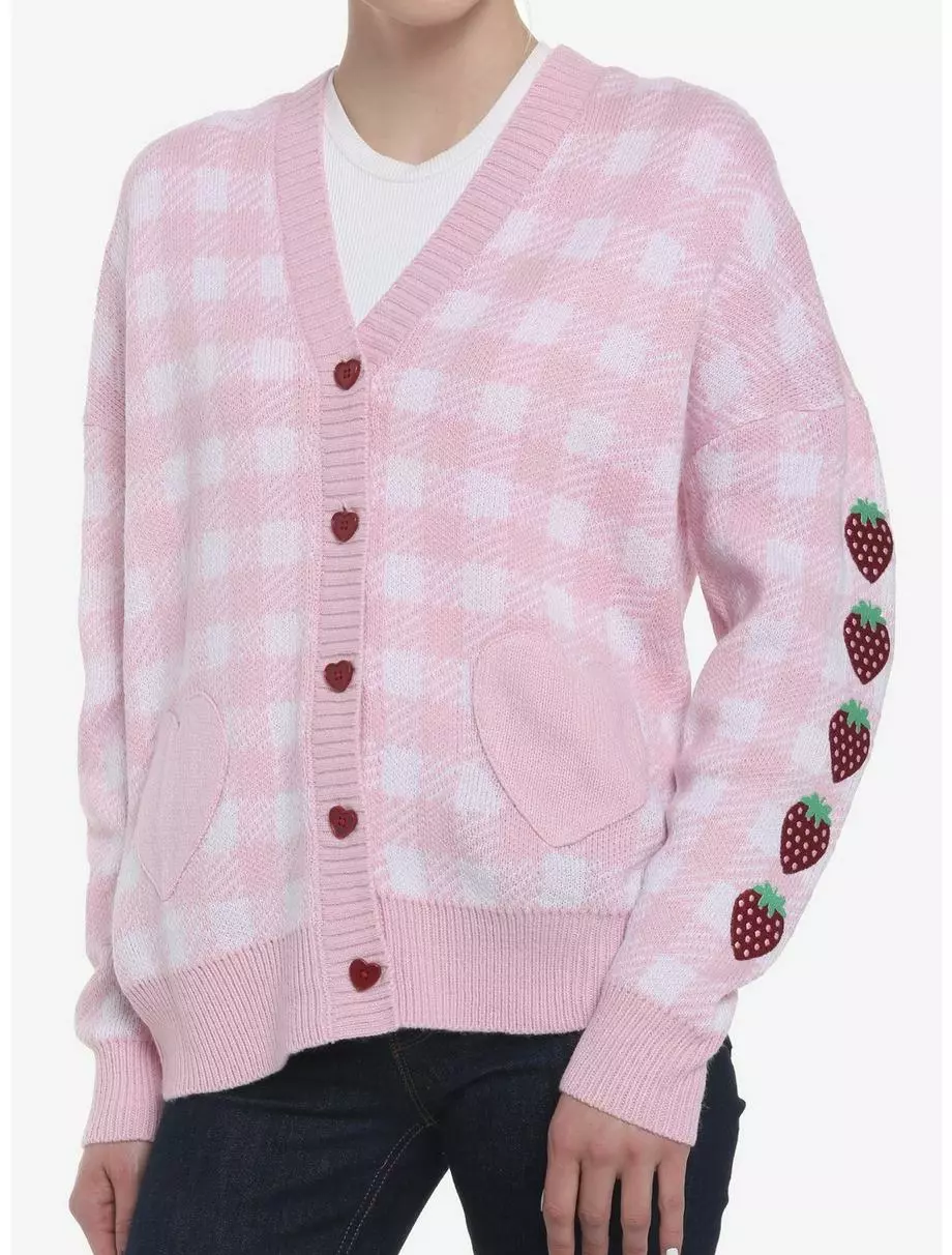 SWEETSOCIETY Pink Gingham Strawberry Heart Girls Oversized Cardigan 3 SWEETSOCIETY Pink Gingham Strawberry Heart Girls Oversized Cardigan