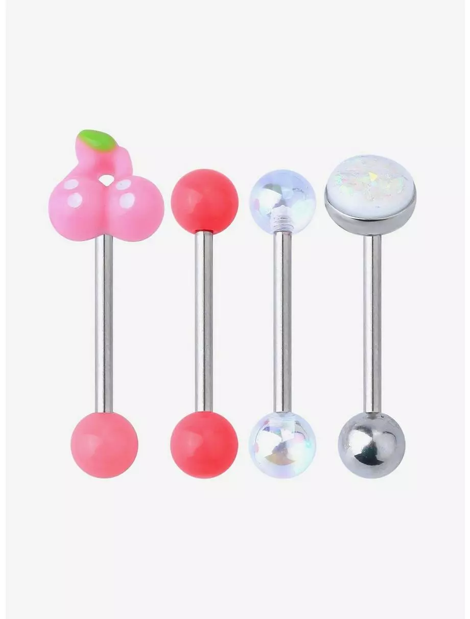 14G Steel Silver Cherry Tongue Barbell 4 Pack 3 14G Steel Silver Cherry Tongue Barbell 4 Pack