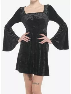 COSMICAURA Black Crushed Velvet Bell Sleeve Mini Dress