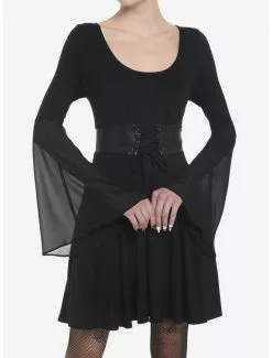 COSMICAURA Black Satin Corset Bell Long-Sleeve Dress