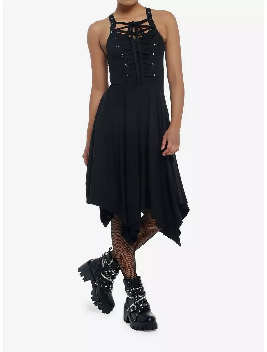 COSMICAURA Grommet Lace-Up Hanky Hem Midi Dress 4 COSMICAURA Grommet Lace-Up Hanky Hem Midi Dress - Image 2